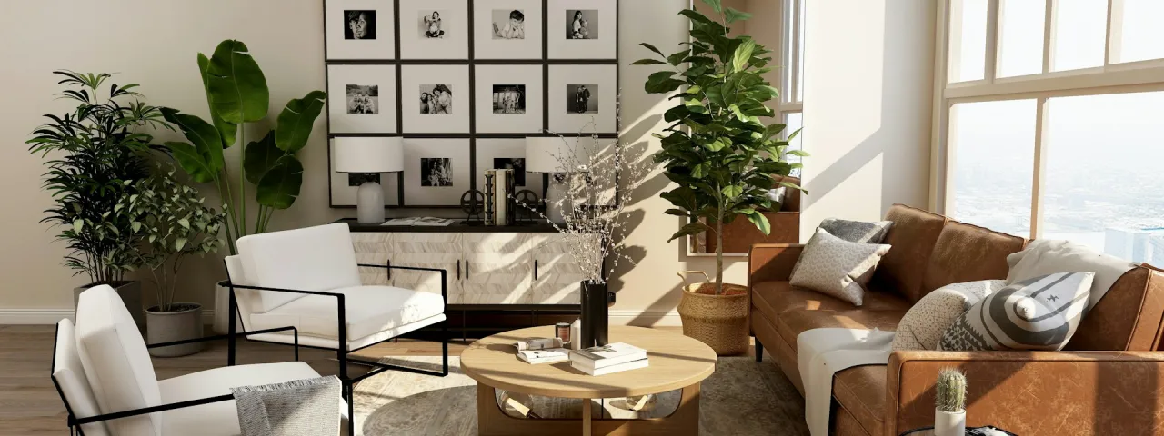 Interior de salón con mobiliario de madera y tonos cálidos