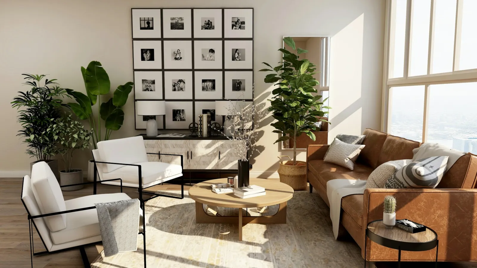 Interior de salón con mobiliario de madera y tonos cálidos