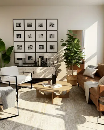 Interior de salón con mobiliario de madera y tonos cálidos