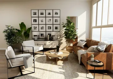 Interior de salón con mobiliario de madera y tonos cálidos