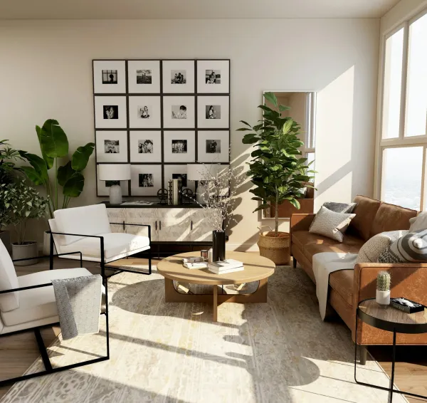 Interior de salón con mobiliario de madera y tonos cálidos